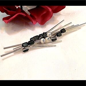 Vintage Black & Silver Rhinestone Abstract Brooch